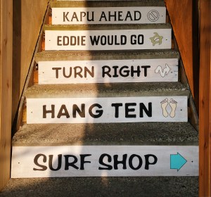 Hand-painted signs on the steps 