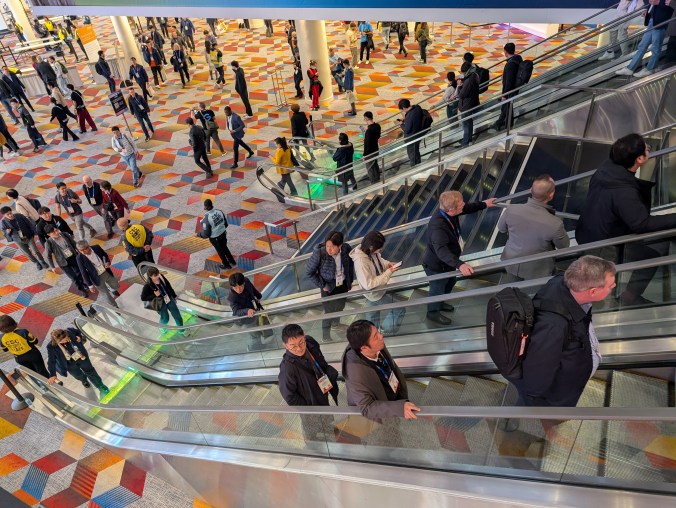 Looking down at some of the many elevators in the Venetian Expo (formerly known as the Sands Expo), the location of Eureka Park, the buzzing startup HUB at CES.